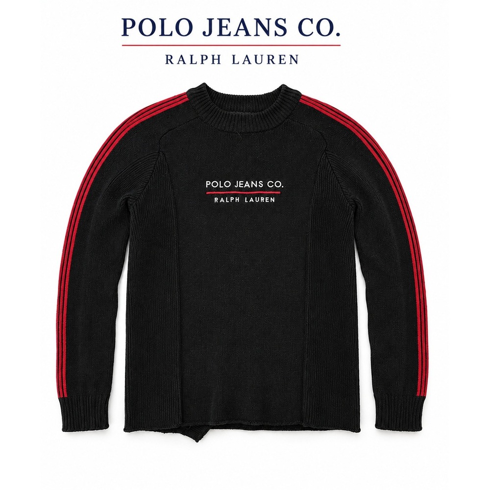 Polo Jeans Co Ralph Lauren Black Knit Sweater Red Stripe Sleeve Y2K Size M
